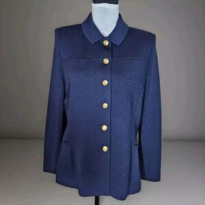 Vintage St John Knit Cardigan Sweater Button Up Padded Blue SZ 10